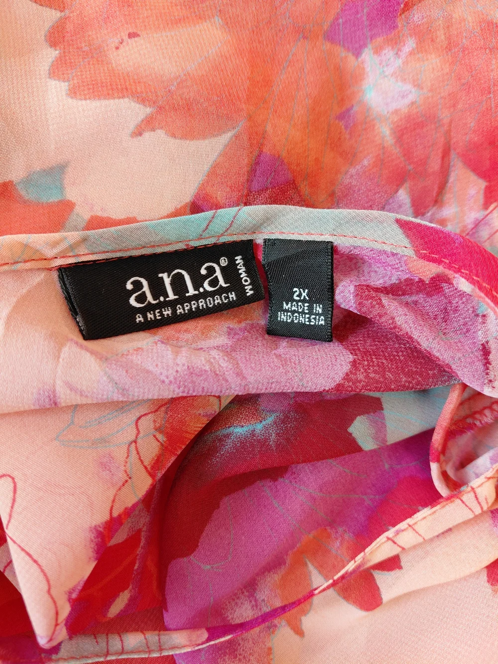 a.n.a Plus Size 2X  Floral Tie-Waist Sheer Blouse in Pink and Coral Kimono Sleev - Picture 6 of 8